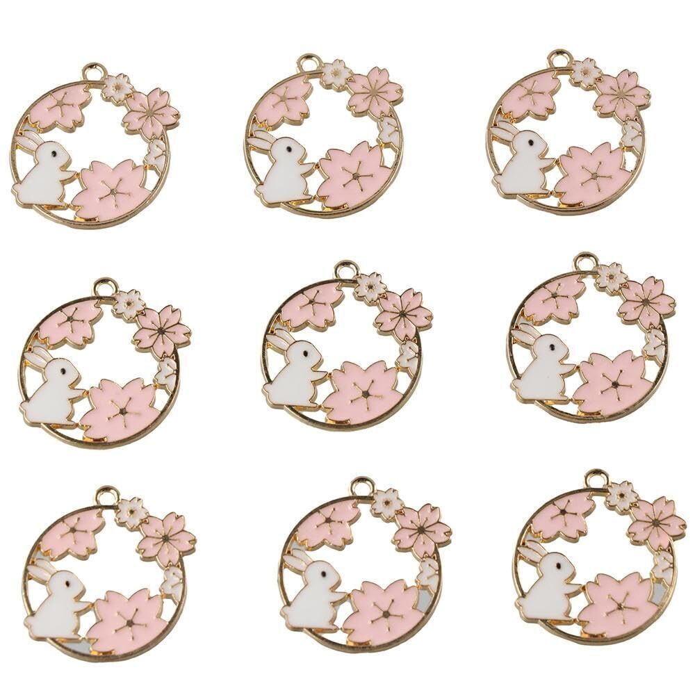 2831 20 Pcs Ename Rabbit Bunny Charms Pink Flower Rabbit Charms Round